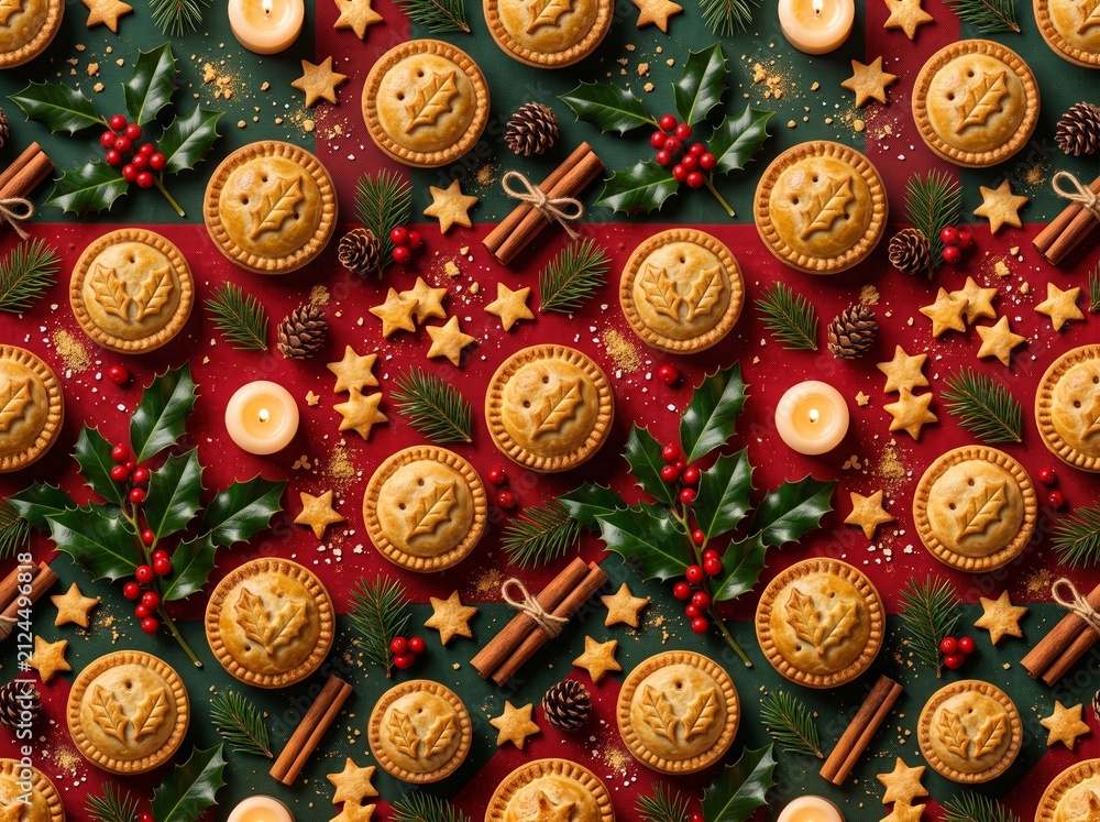 Fototapeta premium Seamless christmas pattern featuring festive pies pine cones and berries.