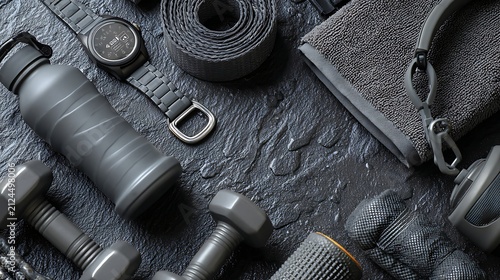Dark grey gym equipment flat lay with dumbbells and accessories