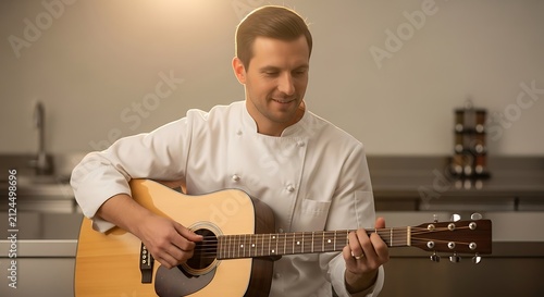 Chef playing acoustic guitar in kitchen.