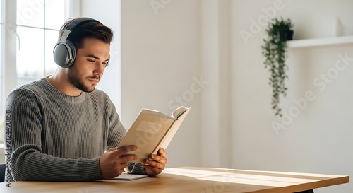 Young man reading book with headphones on.