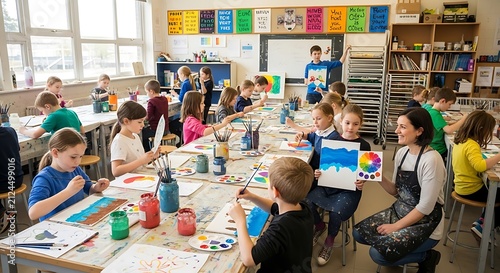 children painting in art class room.