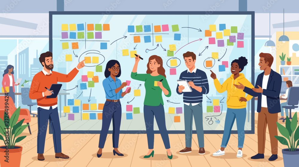 Fototapeta premium 2D Flat Vector Diverse team collaborating on a project using a sticky note board