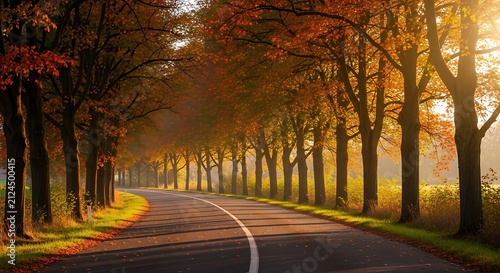 Autumn road with trees and sunlight.