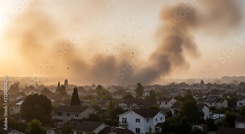 Smoke rising over cityscape at sunset.
