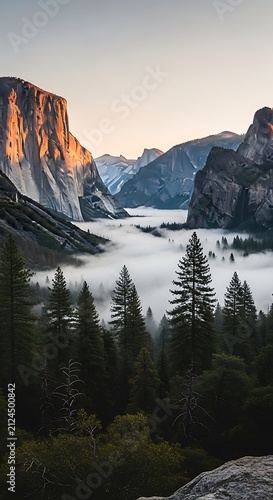 Foggy valley in Yosemite National Park.