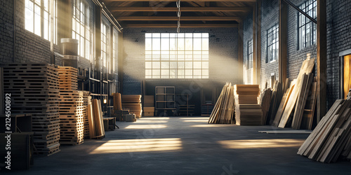 Modern Warehouse Interior with Storage Shelving, Shipping Boxes, and Sunlight
