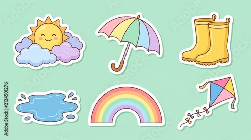 Cute Kawaii Weather Sticker Set with Rainbow Sun and Umbrella