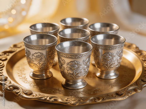 Silver cups with floral designs on a tray
