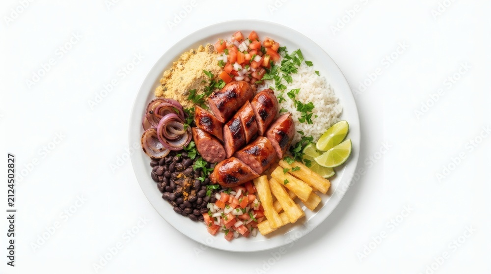 Fototapeta premium Top Down Flat Lay Brazilian Grilled Sausage White Plate Rice