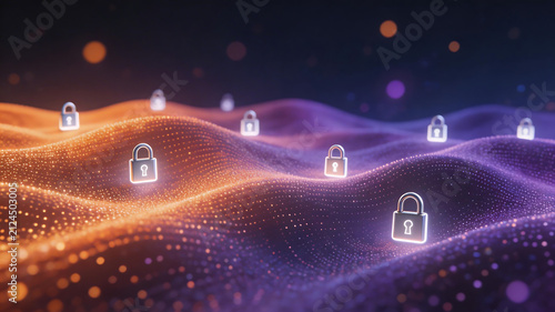 Digital lock icons on glowing wave pattern