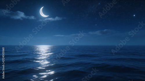 Night sea with crescent moon