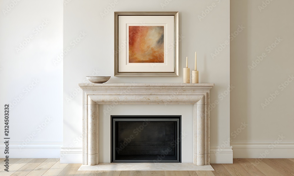 Obraz premium a vertical pale weathered-oak frame with a thin antique-brass inner edge and a warm ivory mat, centered above a simple plaster-white fireplace with an aged limestone mantel and dark firebox