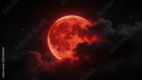 Red moon in night sky with clouds
