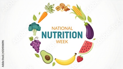 National nutrition week concept frame with fresh healthy vegetables and fruits arranged in circular border