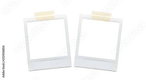 Two blank polaroid photo frames with adhesive tape isolated on transparent background