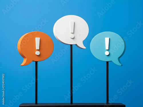 Colorful speech bubbles with exclamation marks on blue background exclamation background communication attention dialogue conversation important information announcement business colorful