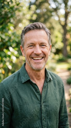 Smiling Man In Green Shirt Outdoor Garden Portrait Authentic Natural Light
