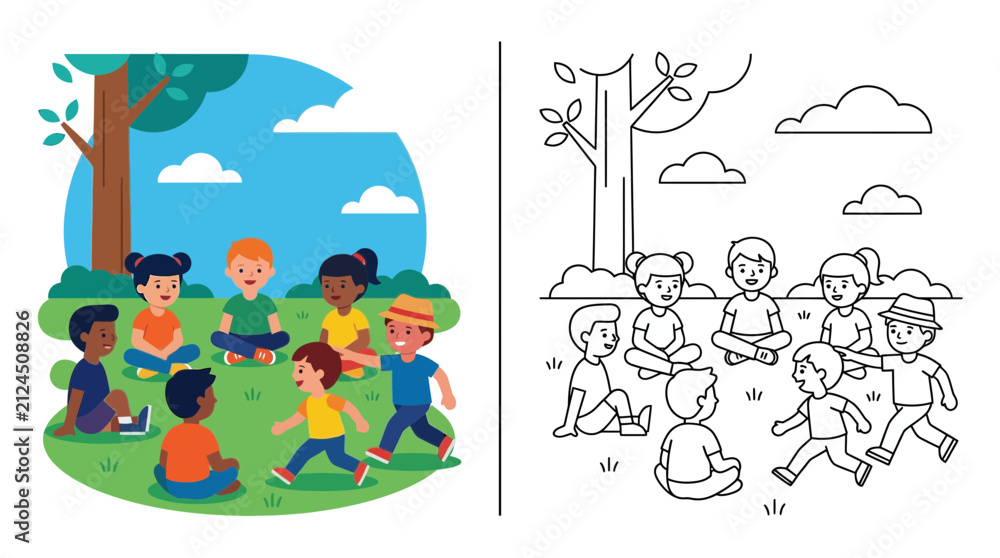Fototapeta premium Children Playing Circle Game Outdoors Coloring Page and Illustration