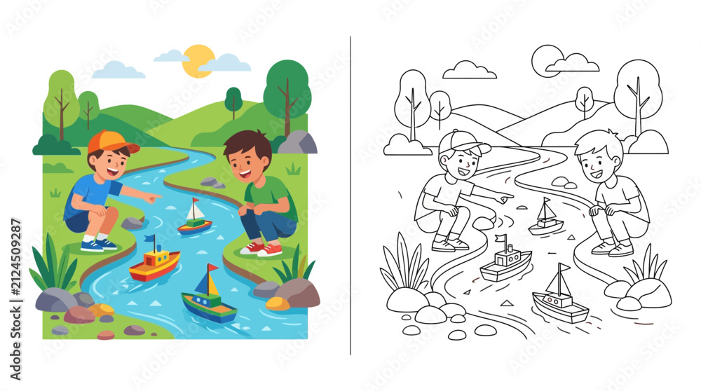 Naklejka premium Two boys playing with toy boats in a stream, cartoon, line art illustration