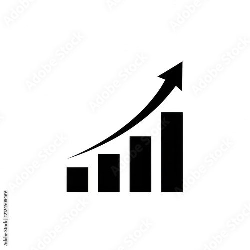 Black rising bar chart icon with upward arrow isolated on transparent background
