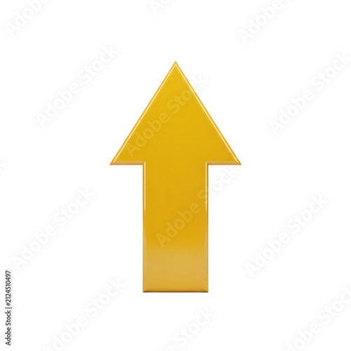 Shiny yellow 3d arrow pointing up isolated on transparent background