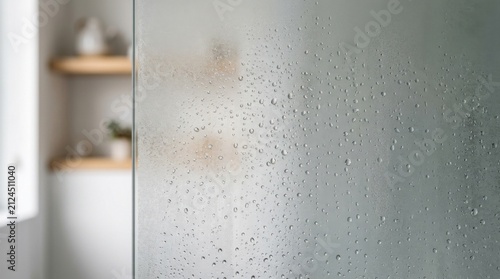 Close up of water droplets on a frosted glass shower door with a blurred bathroom background.