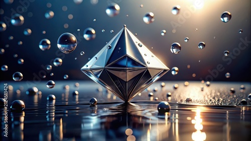 A lustrous metallic geometric shape, reminiscent of a multifaceted jewel, rests delicately on a reflective surface, surrounded by a mesmerizing cascade of glistening orbs.