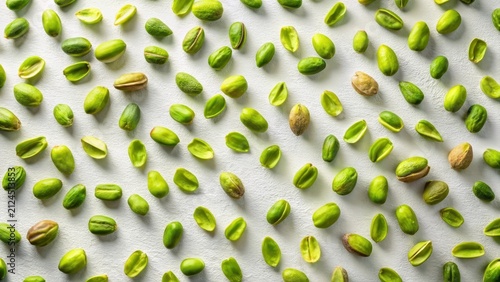 A vibrant pattern of shelled and unshelled pistachios arranged on a textured white surface, showcasing the natural beauty of these nutritious nuts.