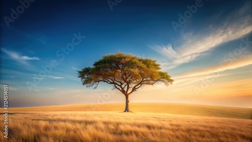 Serene Sunset Landscape Featuring a Lone Tree in a Golden Field Under a Vast Sky