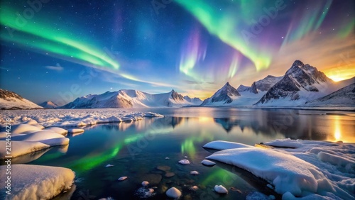 Serene Winter Landscape with Aurora Borealis Display over Frozen Lake and Majestic Mountains