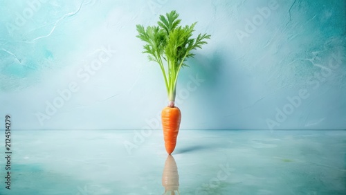 A Single Carrot Upright on a Smooth Surface Against a Teal Background