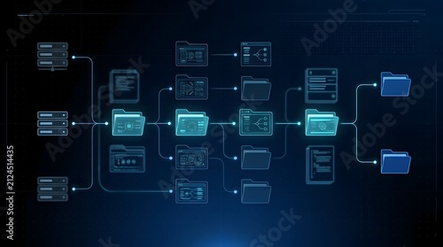 Naklejka Complex data architecture and file management flowchart displaying server integration and automated digital folder sorting algorithms