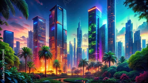 Vibrant Metropolis Skyline at Sunset, Illuminated Towers Amidst Lush Tropical Foliage, Serene Oasis in a Modern Urban Landscape