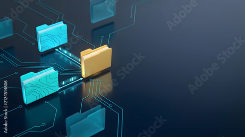 Electronic data transmission workflow showing connected digital folders on a circuit board representing secure cloud backup and file synchronization