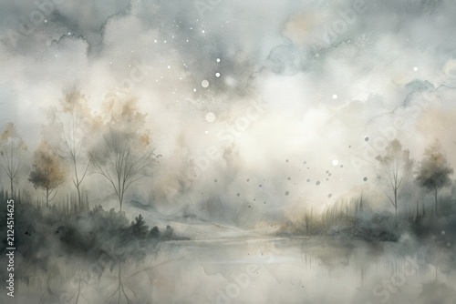 Serene Lakeside Landscape with Misty Trees and a Calm Atmosphere, Reflecting Tranquility in Soft Hues