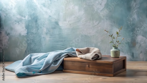 Serene Still Life with Draped Fabric, Wooden Box, and Delicate Branch in Vase Against a Textured Wall