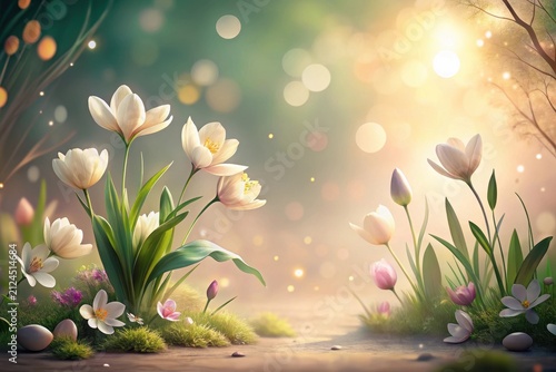 Serene Springtime Bloom Delicate White and Pastel Flowers in a Magical Garden Setting