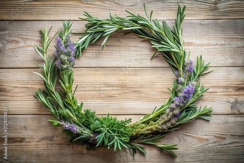 Aromatic Herbal Wreath on Rustic Wooden Surface  A fragrant arrangement of rosemary and lavender sprigs forms a charming circular frame, ideal for adding a natural touch to your design projects.
