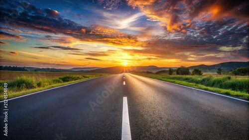 Asphalt Road Leading Towards a Vibrant Sunset Over Rolling Hills and Lush Green Fields