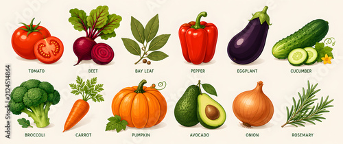 Collection of fresh vegetables and herbs isolated on white