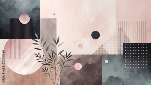 Serene Abstract Composition Featuring Geometric Shapes, Watercolor Textures, and Delicate Botanical Elements
