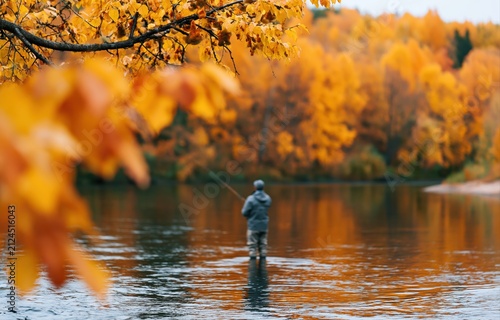 Fisherman enjoying fly fishing in a serene river surrounded by vibrant autumn nature