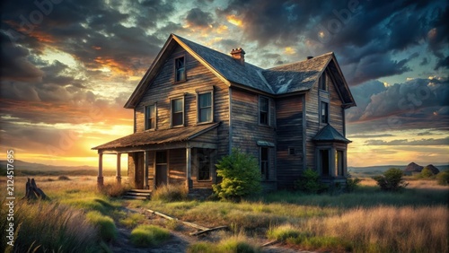 A neglected abandoned house stands isolated at dusk