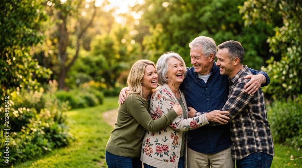 Fototapeta premium Joyful Family Gathering in Nature with Laughter and Happiness, Celebrating Togetherness in a Beautiful Outdoor Setting