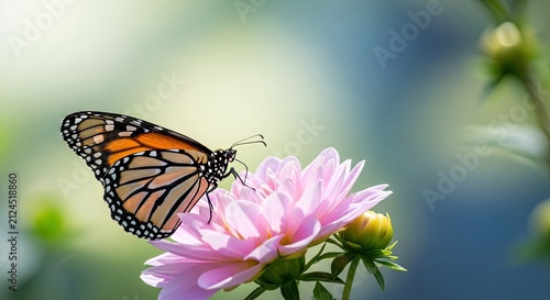 A monarch butterfly perches delicately on a vibrant pink dahlia flower. The butterfly’s wings display intricate orange and black patterns.