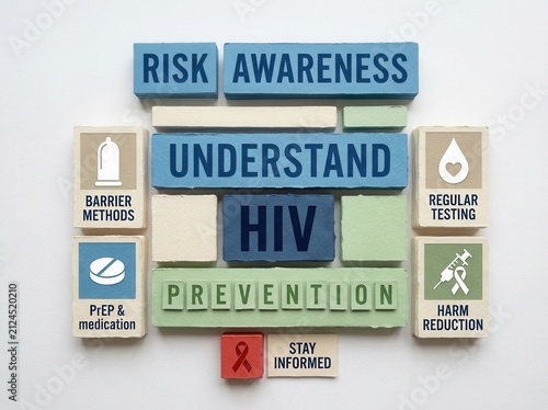 Educational blocks with HIV prevention text and icons are arranged on a clean surface. This layout highlights risk awareness and prevention strategies for medical education and health