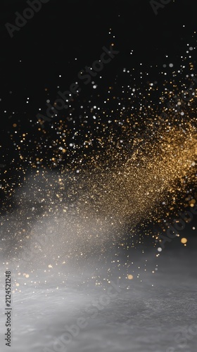 Abstract background with golden shimmering particles floating in dark air
