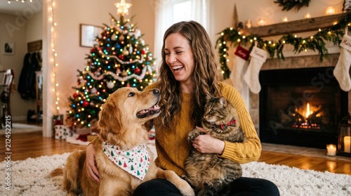 Laughing woman sitting on white rug with her golden retriever dog and fluffy cat near a decorated Christmas tree and warm fireplace during festive winter holidays at home with cozy joyful atmosphere