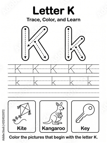 Educational Letter K Tracing, Writing, and Coloring Worksheet for Kids