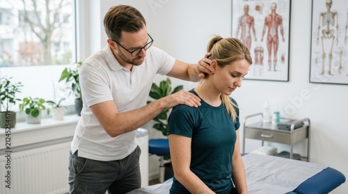 Professional male physiotherapist performing neck manipulation and shoulder massage for a female patient in a bright medical office, representing healthcare excellence and musculoskeletal